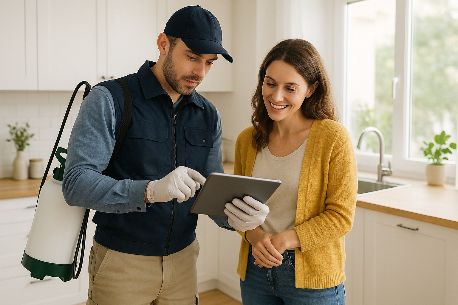 Technician in navy vest and gloves standing with resident while reviewing a digital form on a tablet in a kitchen