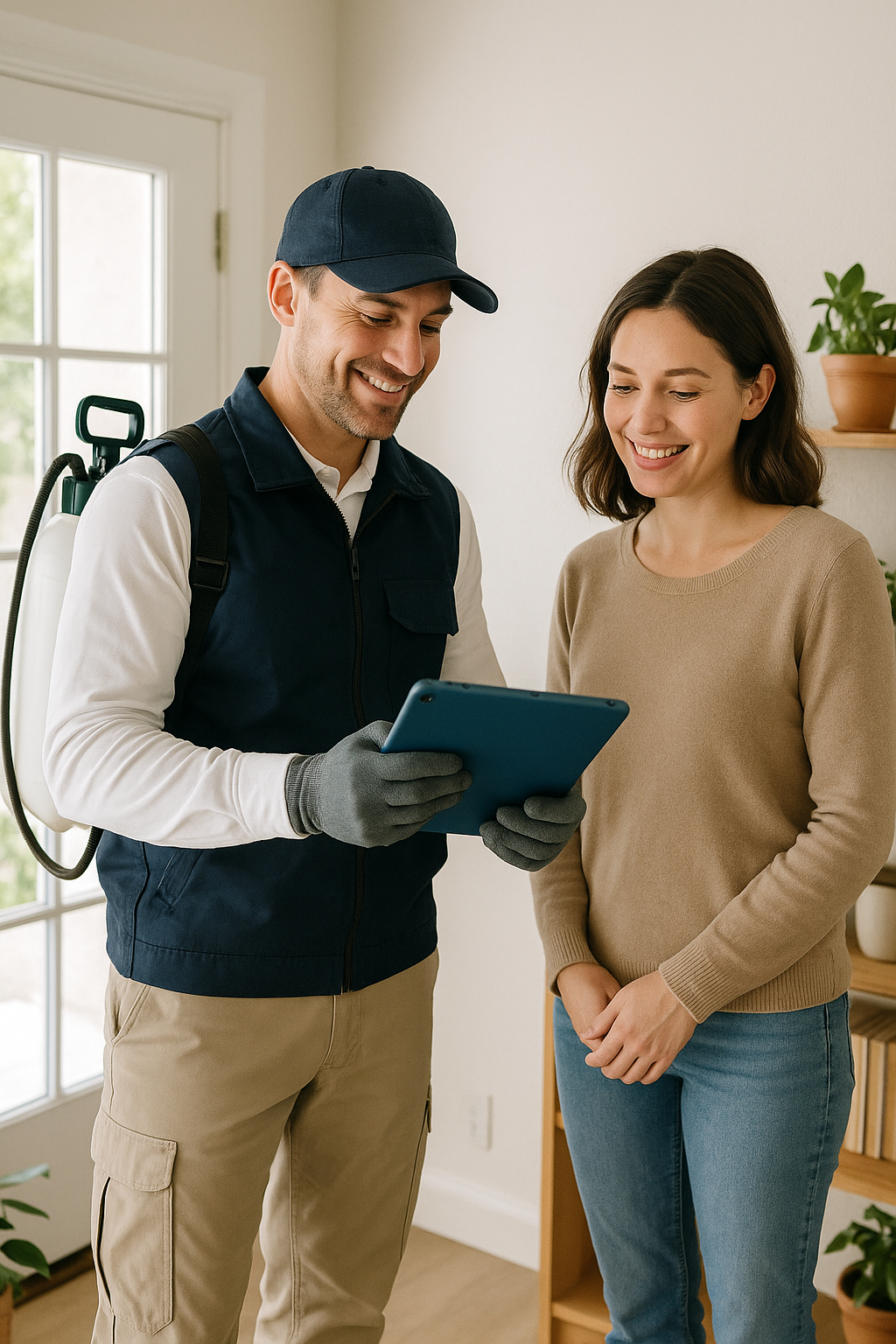 Pest control technician showing a prevention plan to a smiling tenant on a tablet, representing tenant education and supportive service communication.