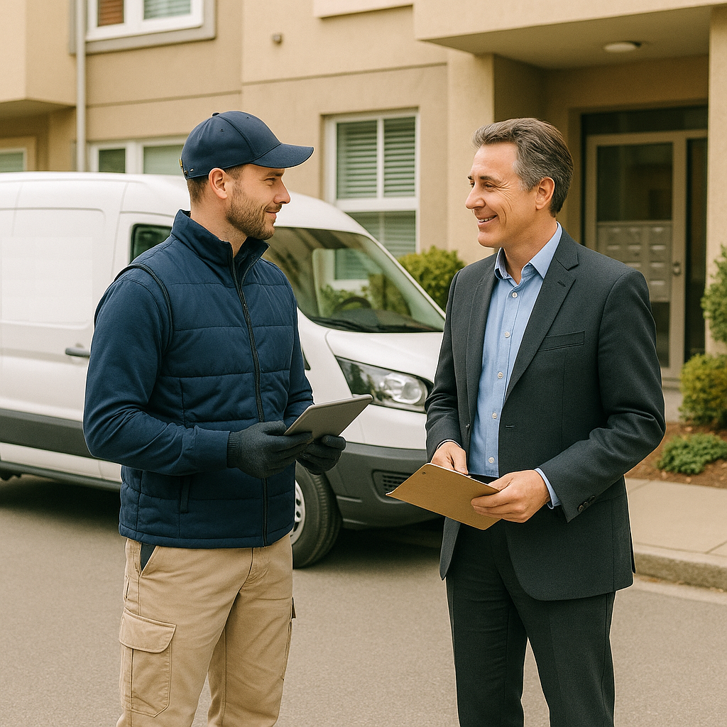 Pest control technician speaking with a property manager outside a residential building, highlighting professionalism and trusted partnerships