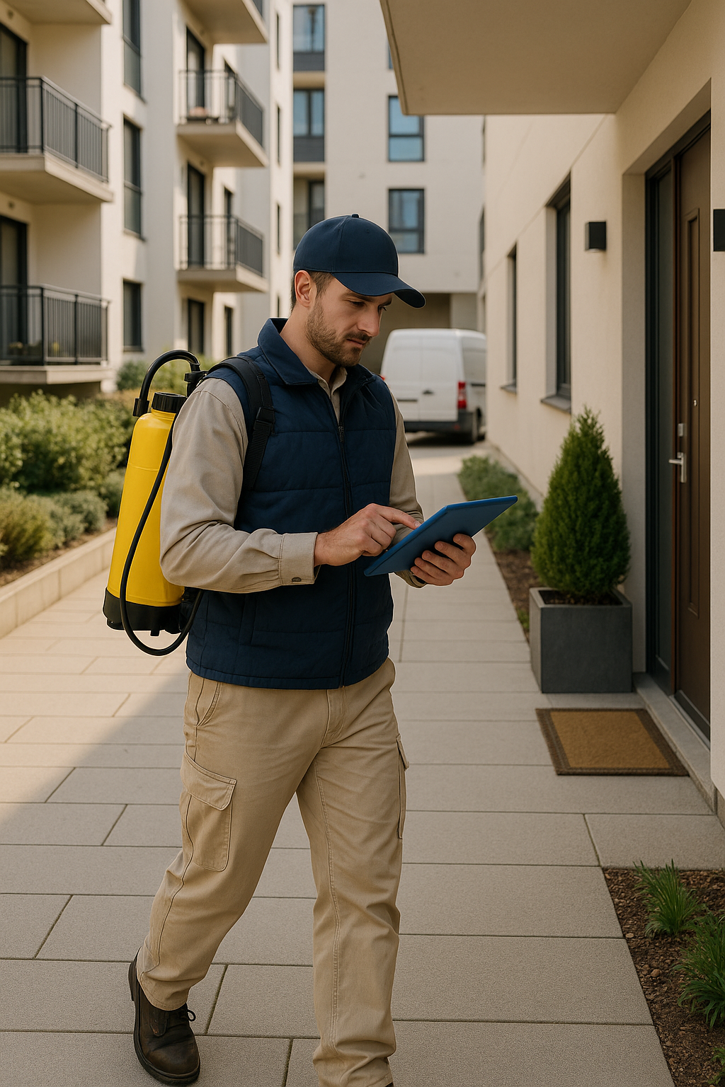Pest control technician walking through a modern apartment complex with a sprayer backpack and tablet, preparing for inspection and pest treatment.